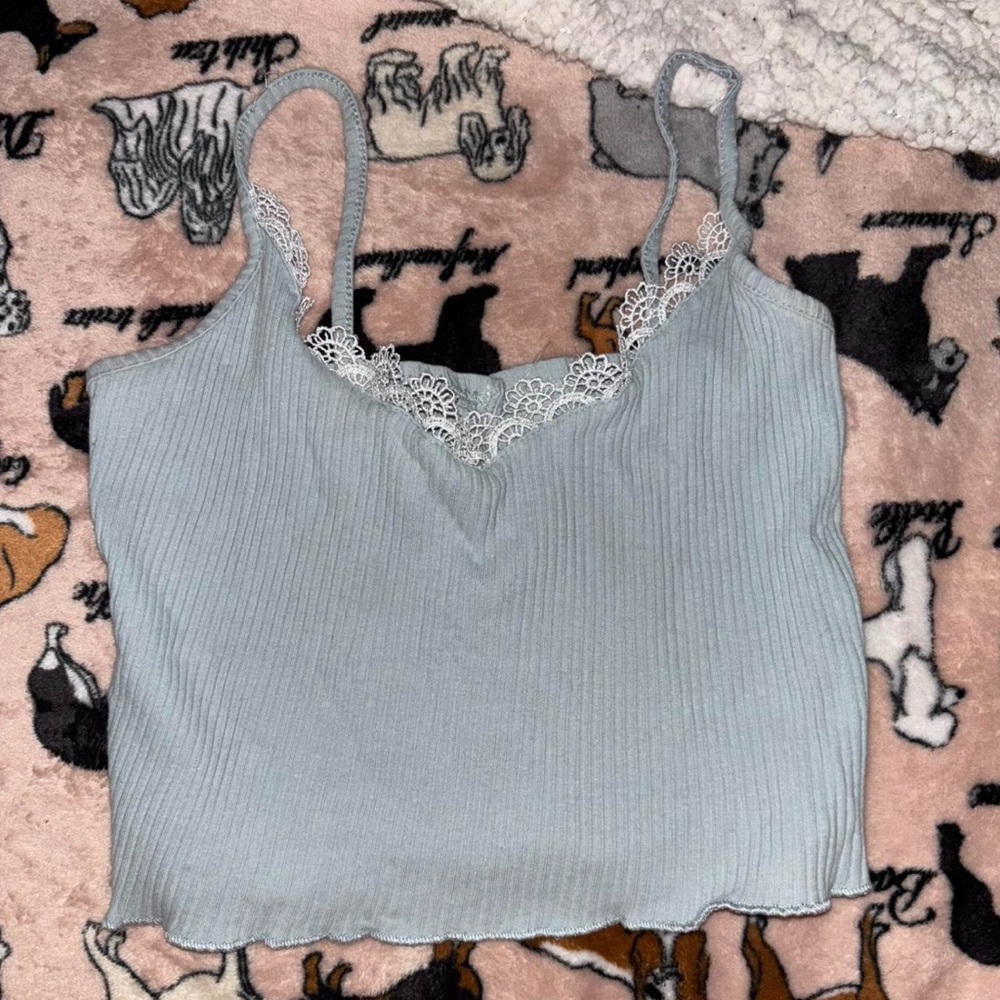 Light Blue Lace Trim Ribbed Camisole